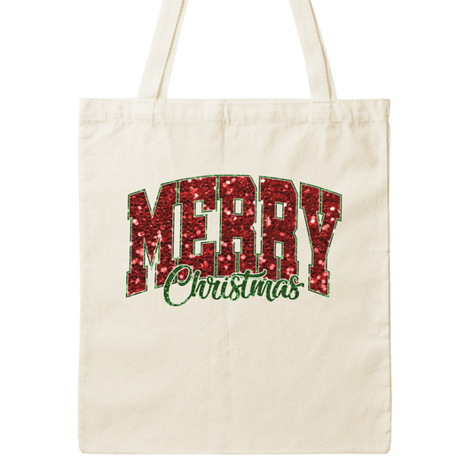 Merry Christmas Faux Sequin Canvas Tote Bag